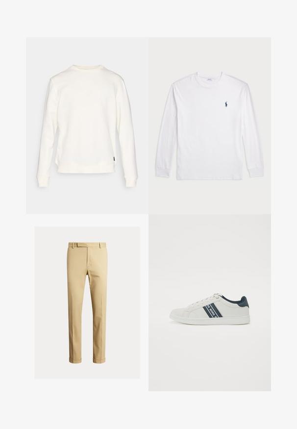 Sweatshirt branco feito de tecido macio, com mangas compridas, decote redondo e barra reta, com uma pequena etiqueta da marca na lateral.; Camisola de manga longa branca feita de algodão. Apresenta um decote redondo, punhos canelados e um pequeno logótipo de polo azul-marinho no lado esquerdo do peito.; Chinos caqui feitos de um tecido de algodão suave, com um design ajustado, pregas frontais e punhos no tornozelo para um visual afinado.; Sapatilha branca com uma textura de pele lisa. Apresenta duas riscas azul marinho escuras de cada lado e um detalhe correspondente no calcanhar. Design de atacadores regular.
