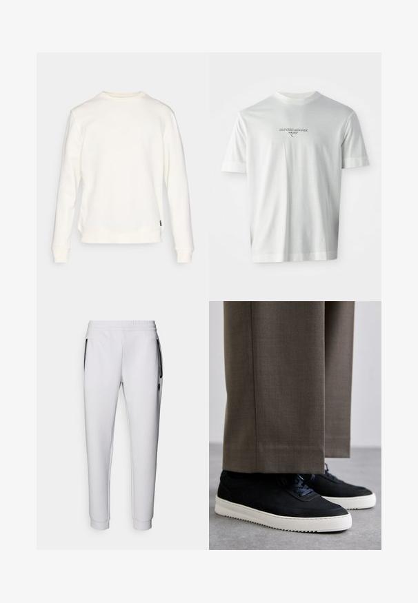 Hvit hettegenser laget av myk stoff, med lange ermer, rund hals, og rett kant med en liten merkeetikett på siden.; Hvit T-skjorte med kort erm og "EMPORIO ARMANI MILANO"-logo i subtil hevet skrift, plassert sentrert på brystet.; Hvite joggebukser med elastisk linning, to sidelommer, svarte glidelåsdetaljer og ribbestrikkede mansjetter ved ankler. Glatt tekstur.; Svarte suedeglans sneakers med hvite gummisåler, med rund tå og lisser, iført grå skreddersydde bukser.