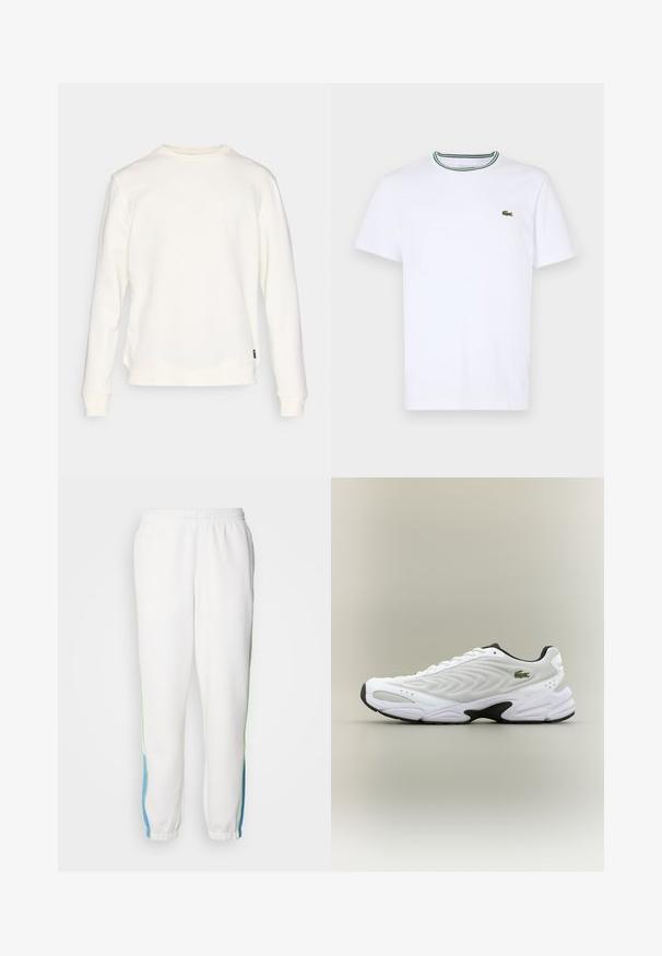 Hvit hettegenser laget av myk stoff, med lange ermer, rund hals, og rett kant med en liten merkeetikett på siden.; Hvit bomulls T-skjorte med korte ermer og ribbet krage som har grønne og svarte striper; liten grønn brodert logo på venstre bryst.; Hvite joggebukser med elastisk midje, prydet med grønne og blå siderander. Myk stoffkvalitet med tapered ankeldesign.; Hvit idrettssko med teksturert mesh-overdel, buet design og kontrasterende svart yttersåle. Har grønn brodert logo på siden.