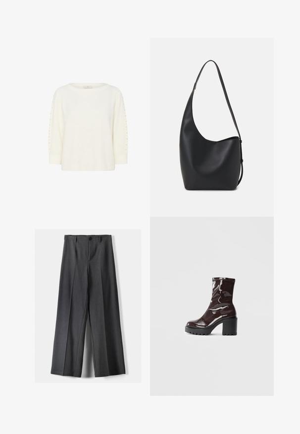 Kaffe BETTY - Jumper - chalk cc; Wide-leg trousers in dark grey fabric, featuring a button closure, front pleats, and belt loops. Smooth texture with a tailored design.; Glossy burgundy ankle boot with a chunky black heel, featuring a smooth texture and simple design. No visible fastenings or patterns.; Black leather hobo bag with a smooth texture, curved shape, and single adjustable strap; features a wide opening at the top.