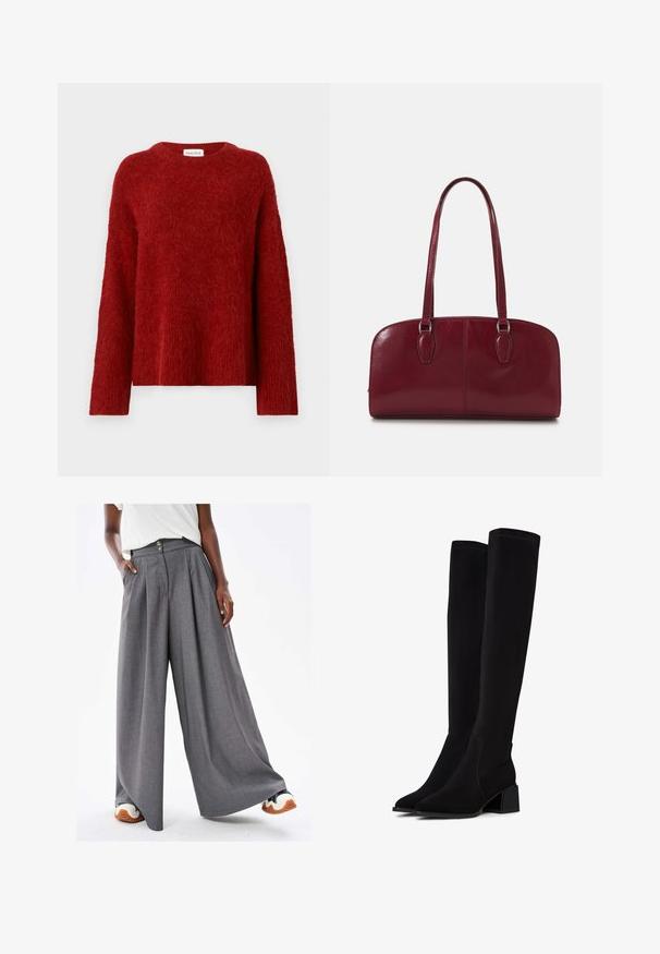 Czerwony, puszysty sweter z okrągłym dekoltem, długimi rękawami i luźnym krojem. Wykonany z miękkiego, teksturowanego materiału. Metka mówi "MALINA."; Szare spodnie typu wide-leg z detalami w formie fałd, teksturą materiału, dwiema guzikami w talii oraz bocznymi kieszeniami. Połączone z białymi i pomarańczowymi sneakerami.; Czarne kozaki za kolano wykonane z miękkiego, teksturowanego materiału. Posiadają słupkowy obcas, spiczasty nos i widoczne przeszycia.; Zign MURREN ciemnoczerwony