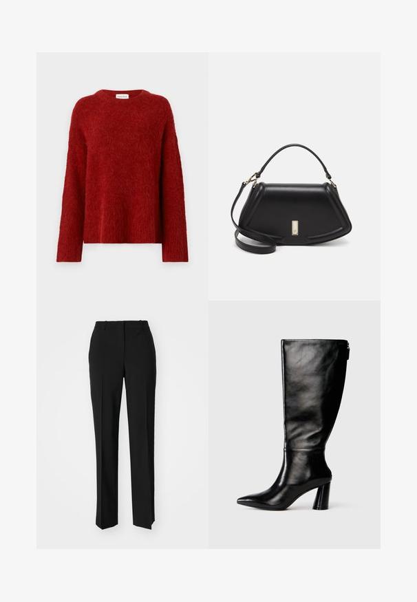 Red fuzzy sweater with a crew neckline, long sleeves, and a loose fit. Made from soft, textured material. Label reads "MALINA."; Black tailored trousers with a straight-leg design, featuring a smooth texture and crisp creases along the front. No visible hardware.; Knee-high black leather boot with a pointed toe, smooth texture, and a chunky heel. Features a zipper detail at the back.; Black leather handbag with a structured design, featuring a cropped shape, top handle, and gold hardware accent. Adjustable shoulder strap included.