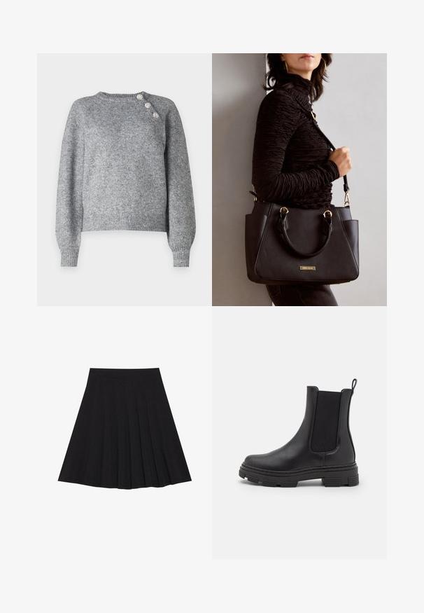 Gray knitted sweater with long sleeves, ribbed hem, and three decorative buttons on the left shoulder, featuring a soft texture.; Black pleated skirt made of textured fabric with a fitted waistband. Falls to knee length, featuring a smooth, clean silhouette.; Black leather ankle boot with elastic side panels, rounded toe, and textured rubber sole. Features a loop at the back for easy wear.; Black handbag with textured surface, dual top handles, and adjustable shoulder strap. Features gold-tone hardware and side pockets.