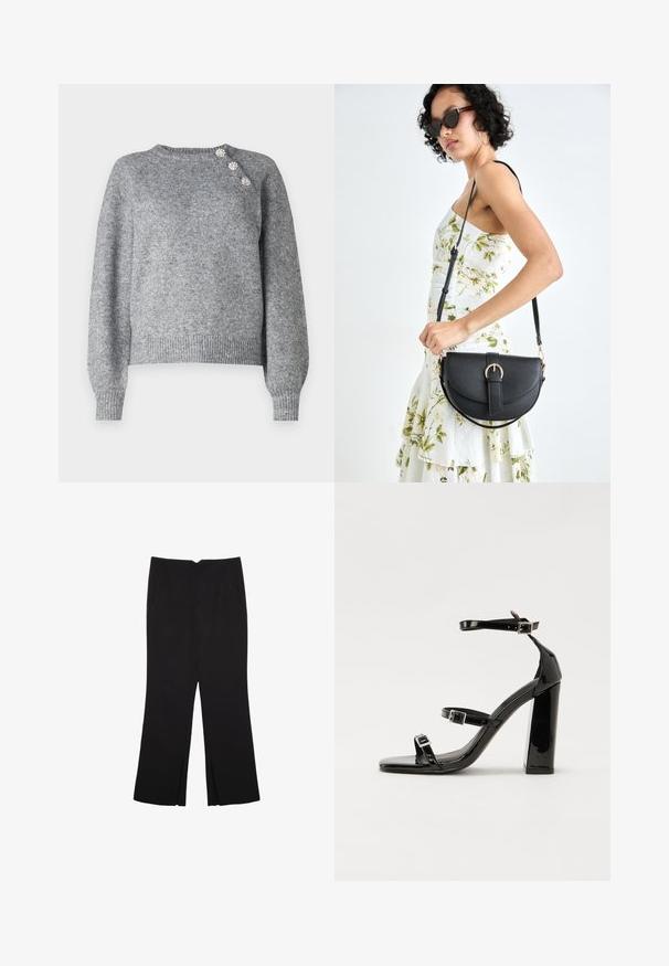 Grauer Strickpullover mit langen Ärmeln, geripptem Saum und drei dekorativen Knöpfen auf der linken Schulter, mit einer weichen Textur.; Schwarze Hose mit geradem Schnitt, ausgestattet mit Fronttaschen und Seitenschlitzen am Saum. Hergestellt aus weichem, glattem Stoff. Geeignet für verschiedene Anlässe.; Schwarze patentierte Sandalen mit Absatz, quadratischer Spitze, Knöchelriemen und silbernen Schnallen. Mit einem stabilen Blockabsatz für mehr Stabilität.; Schwarze Lederhandtasche mit geschwungener Form, abnehmbarem Tragegurt und goldenen Beschlägen. Die Tasche verfügt über einen Deckel mit einer Schnallen-Details.