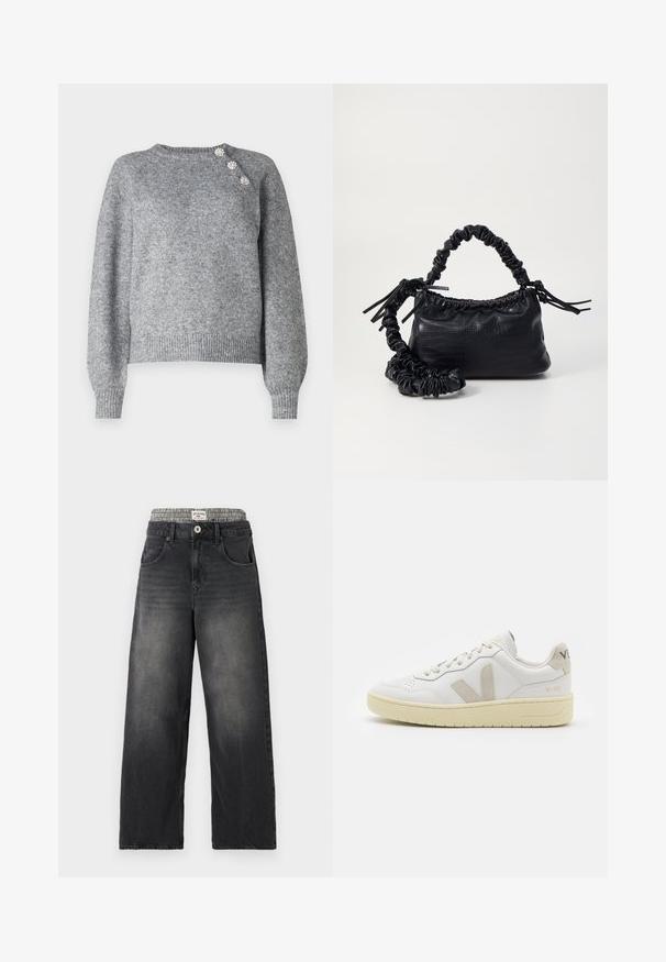 Grauer Strickpullover mit langen Ärmeln, geripptem Saum und drei dekorativen Knöpfen auf der linken Schulter, mit einer weichen Textur.; Schwarze Jeans mit weitem Bein aus Denim und einem Hahnentritt-Muster am Bund. Merkmale sind Fronttaschen und ein Knopfverschluß. Mit einem abgenutzten Look.; Weiße Ledersneaker mit beigen Wildlederakzenten, perforierte Zehenbox, flache Schnürsenkel und eine strukturierte cremefarbene Sohle. Mit dezentem Branding an der Ferse.; Schwarze Handtasche aus Kunstleder mit Krokodilstruktur, gerafftem oberen Teil und einem geschoppten Tragegurt. Sie wirkt weich und kompakt im Design.