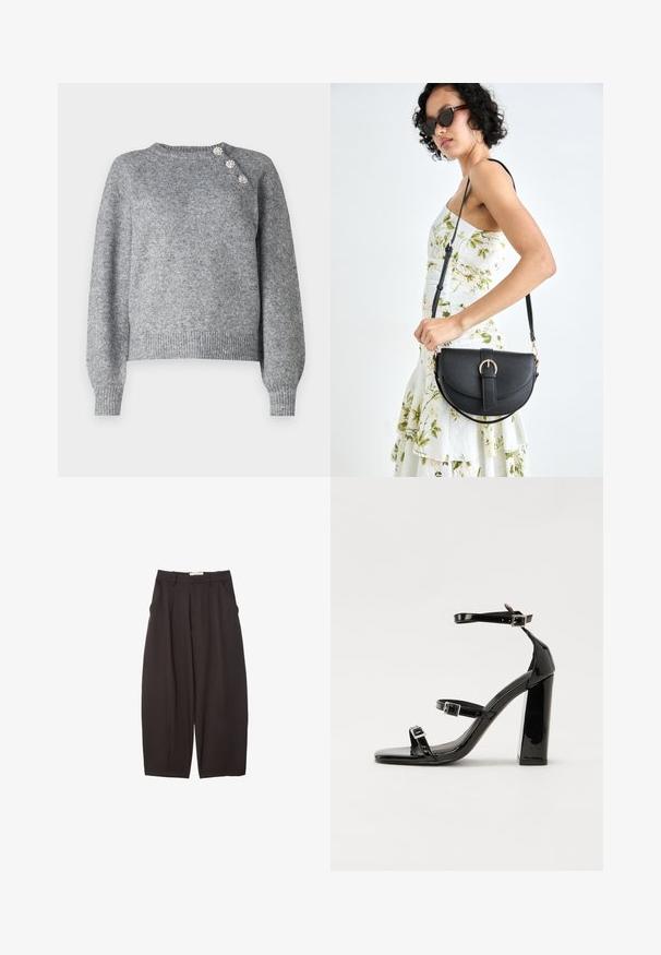 Sivi pleteni pulover s dugim rukavima, rebrastim rubom i tri dekorativna dugmeta na lijevom ramenu, sa mekanom teksturom.; Crne široke hlače napravljene od glatke tkanine, s visokim strukom, prednjim nabranjima i bočnim džepovima. Jednostavan dizajn bez ukrasa.; Crne lakirane sandale na pete sa kvadratnim nosom, trakama oko gležnja i srebrnim kopčama. Imaju čvrst blok petu za stabilnost.; Crna kožna torba s lukovitim oblikom, odvojivim remenom i zlatnim detaljima. Torba ima preklop s kopčom.