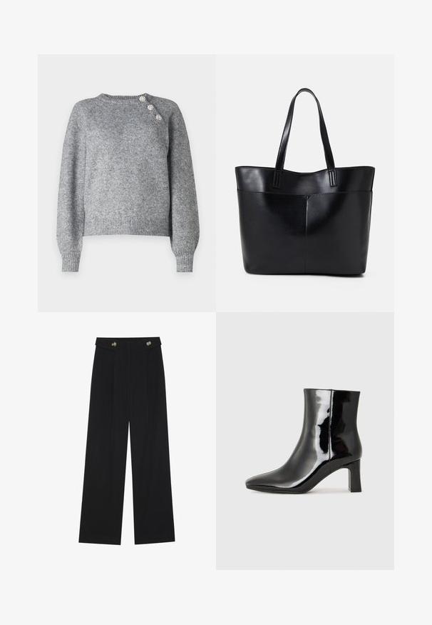 Gray knitted sweater with long sleeves, ribbed hem, and three decorative buttons on the left shoulder, featuring a soft texture.; Black wide-leg trousers with high waist, button details on waistband, and front pleats.; Black patent leather ankle boot with a pointed toe and a mid-height block heel. Smooth texture and minimalist design.; Black leather tote bag with two long handles, a smooth texture, and a structured shape. Features a front pocket for additional storage.