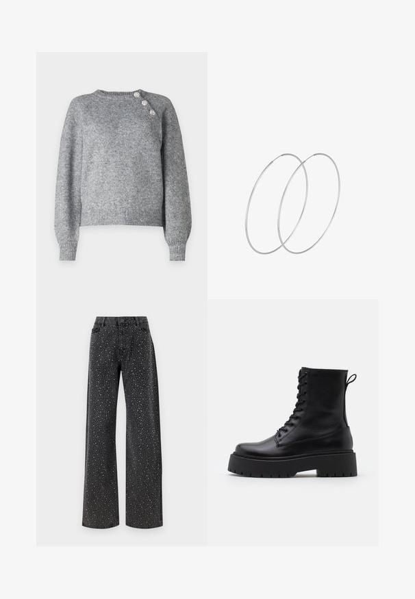 Grijze gebreide trui met lange mouwen, geribbelde zoom en drie decoratieve knopen op de linkerschouder, met een zachte textuur.; Noisy May NMJANNEL LOOSE - Relaxed fit jeans - black denim; Zwarte leren enkelboots met een ronde neus, vetersluiting aan de voorkant en een dikke rubberen zool met een gestructureerd profiel. Trekbandje aan de achterkant.; Zilveren hoepel oorbellen met een minimalistisch ontwerp. Cirkelvormig, gladde textuur en dun profiel. Lichtgewicht met een gepolijste afwerking.