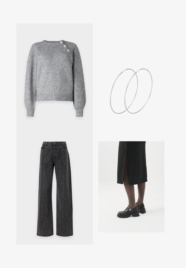 Harmaa neulottu villapusero pitkillä hihoilla, ribbireunalla ja kolmella koristeellalla napilla vasemmassa olkapäässä, jossa on pehmeä texture.; Noisy May NMJANNEL LOOSE - Relaxed fit -farkut - black denim; Mustat nahkakengät pyöreällä kärjellä, paksulla lohkopohjalla ja joustavilla sivuakkesseilla, yhdistettynä tummiin sukkahousuihin ja mustaan hameeseen, jossa on halkio.; Hopehope hopeilla, joissa on minimalistinen muotoilu. Pyöreä muoto, sileä pinta ja ohut profiili. Kevyet ja kiillotetut.