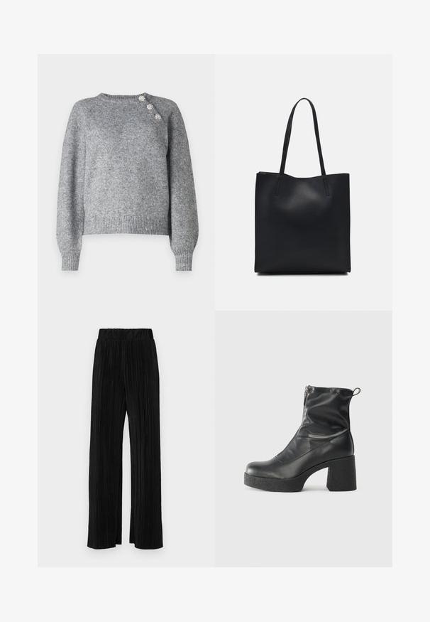 Pull en tricot gris à manches longues, avec un ourlet côtelé et trois boutons décoratifs sur l'épaule gauche, présentant une texture douce.; Pantalons plissés noirs avec une taille élastique. Présente des jambes larges et un tissu lisse texturé avec des rayures verticales.; Bottes noires à la cheville en cuir lisse, dotées d'une fermeture éclair sur le côté, d'un talon épais texturé et d'une conception à bout rond.; Sac fourre-tout en cuir noir avec une texture lisse, de forme rectangulaire et deux longues poignées. Pas de matériel ou d'ornementations visibles.