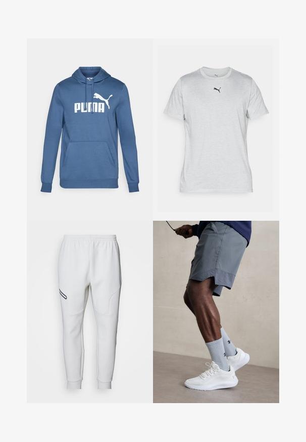 Hoodie en coton bleu avec une poche kangourou à l'avant, des poignets côtelés et un grand logo "PUMA" blanc avec une silhouette de puma.; T-shirt gris à manches courtes en tissu doux, avec un col rond et un petit logo noir Puma sur la poitrine.; Pantalon de survêtement blanc avec une texture douce et lisse. Présente des panneaux latéraux incurvés et une bande d'accent noire. Taille élastique pour un ajustement réglable.; Baskets de sport blanches avec une tige en mesh texturé, associées à des chaussettes bleues claires à côtes avec un logo. Shorts de sport gris avec des bordures perforées.