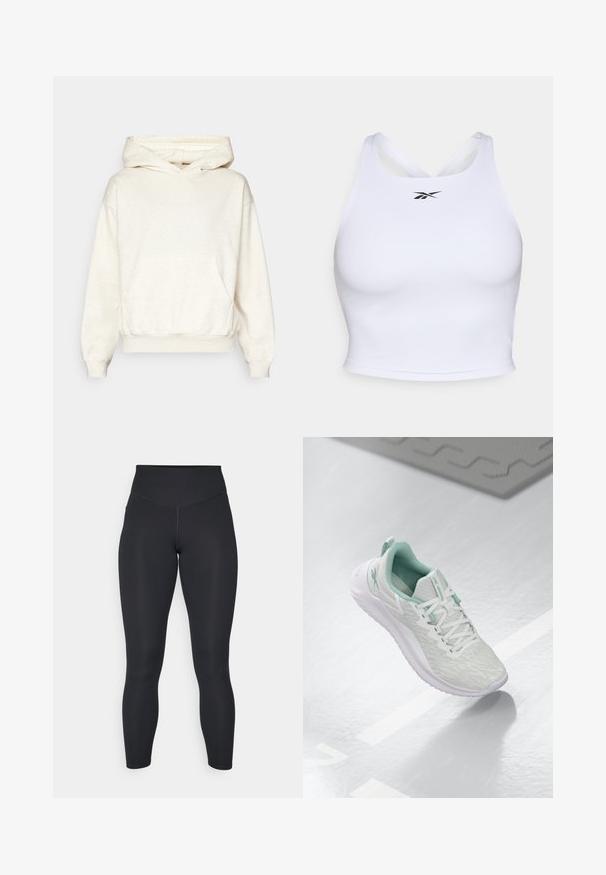 Kremena kapuljača u mekanoj, teksturiranoj tkanini. Ima kenguruvu džep, rebraste manžete i donji rub. Opušteni kroj s oversized siluetom.; Beli sportski crop top izrađen od glatkog, rastezljivog materijala. Ima dizajn leđa u obliku križa i mali crni logo na prednjem dijelu.; Crne tajice s visokim strukom, glatkom teksturom i tijesnim krojem. Imaju ravne šavove i punu dužinu bez uzoraka.; Svijetlosivi atletski tenisice s teksturiranim pletenim gornjim dijelom, mint zelenim detaljima, bijelim vezicama, gumeni potplat i petni nastavak.
