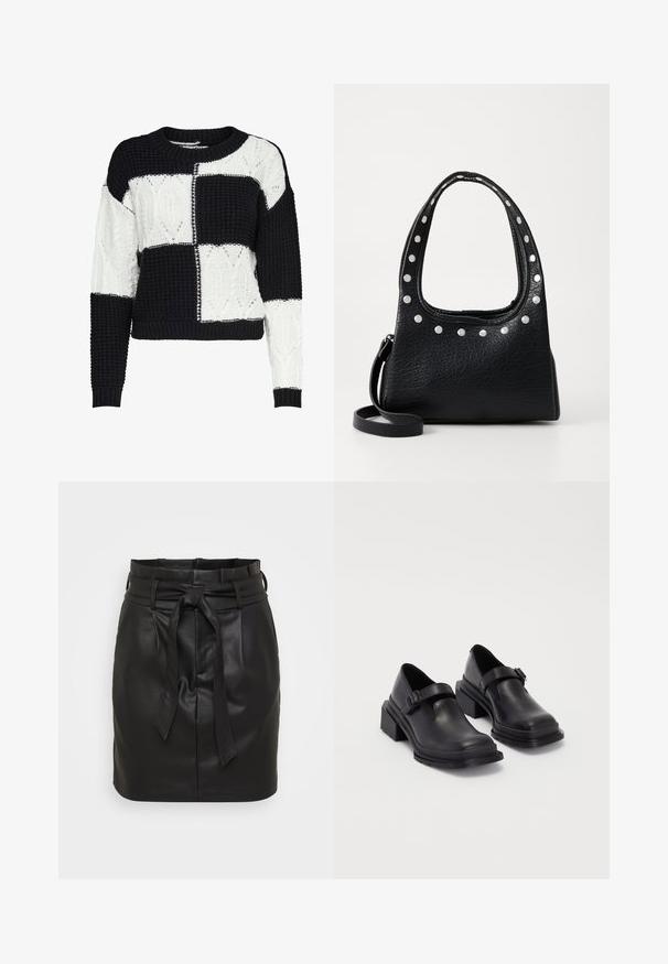 Neulottu villapaita mustavalkoisella paloasettelumuotoilulla, jossa on teksturoituja kuvioita ja pyöreä kaula-aukko, resorikäsivarsilla ja -helmalla.; Mustat nahka mini-hameet korkealla vyötäröllä, jossa on edessä solmittava vyö ja sileä pinta. Minimalistinen muotoilu ilman lisäkuvioita.; Mustat nahkakengät, joissa on pyöreä varvas, litteä pohja ja soljellinen hihna. Paksu lohkopohja lisää vakautta.; Musta teksturoitu nahkalaukku hopeasomisteilla yläreunassa ja kahvoissa, jossa on lyhyt kahva ja irrotettava olkahihna.