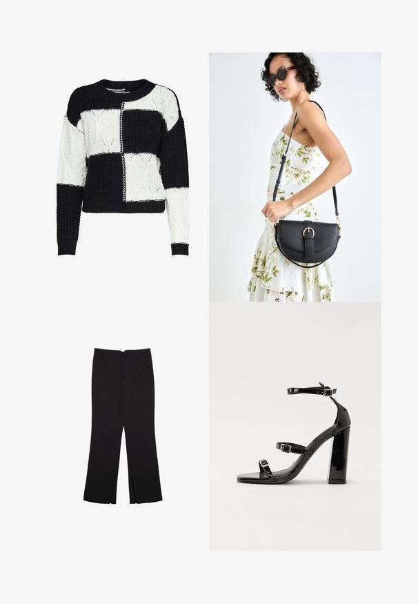 Gestrickter Pullover mit einem Schwarz-Weiß-Patchworkdesign, das strukturierte Muster zeigt und einen Rundhalsausschnitt hat, sowie gerippte Bündchen und Saum.; Schwarze Hose mit geradem Schnitt, ausgestattet mit Fronttaschen und Seitenschlitzen am Saum. Hergestellt aus weichem, glattem Stoff. Geeignet für verschiedene Anlässe.; Schwarze patentierte Sandalen mit Absatz, quadratischer Spitze, Knöchelriemen und silbernen Schnallen. Mit einem stabilen Blockabsatz für mehr Stabilität.; Schwarze Lederhandtasche mit geschwungener Form, abnehmbarem Tragegurt und goldenen Beschlägen. Die Tasche verfügt über einen Deckel mit einer Schnallen-Details.