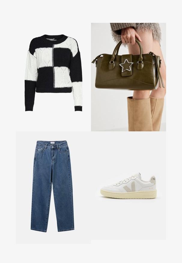 Kootud sviiter musta ja valge lapilise kujundusega, millel on tekstuurilised mustrid ja ümmargune kaelus, sooniktaskud ja hems.; Klassikalised sinised denimists teksad otsejalaga disainiga, viie taskuga ja nööbisuletusega. Omab keskmist pesu ja tugevat tekstuuri.; Valge nahast tenniseking, millel on beežist siidist aktsent ja aukudega varvas, lame paelad ja tekstureeritud koorevärvi tallad. Omab nüansirikast brändimist kannal.; Oliivroheline kunstnahast käekott koos hõbedase tähe aktsendiga, kahe käepideme ja luku sulgemisega. Tekstuuriga pind ja struktureeritud kuju.