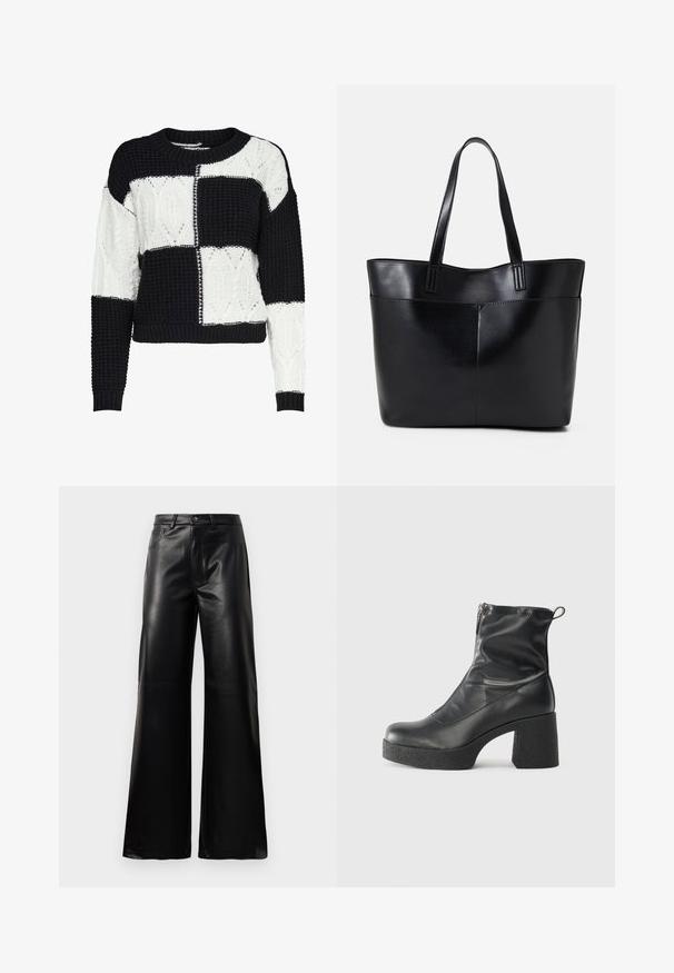 Pull en maille avec un design en patchwork noir et blanc, présentant des motifs texturés et un col rond, avec des poignets et un ourlet côtelés.; Pantalons larges en faux cuir noire taille haute avec bouton avant, fermeture éclair, passants de ceinture et poches latérales sur fond blanc.; Bottes noires à la cheville en cuir lisse, dotées d'une fermeture éclair sur le côté, d'un talon épais texturé et d'une conception à bout rond.; Sac fourre-tout en cuir noir avec deux longues poignées, une texture lisse et une forme structurée. Dispose d'une poche avant pour un rangement supplémentaire.