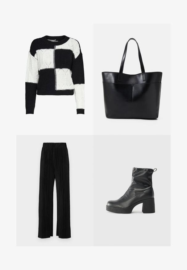 Pullover lavorato a maglia con un design patchwork bianco e nero, caratterizzato da motivi testurizzati e un collo rotondo, con polsini e bordo a coste.; Pantaloni neri a plissé con vita elasticizzata. Presentano gamba ampia e un tessuto liscio e texture con strisce verticali.; Stivali neri alla caviglia in pelle liscia, con zip laterale, tacco spesso e texture, e punta arrotondata.; Borsa a tracolla in pelle nera con due manici lunghi, una texture liscia e una forma strutturata. Presenta una tasca frontale per ulteriore spazio di archiviazione.