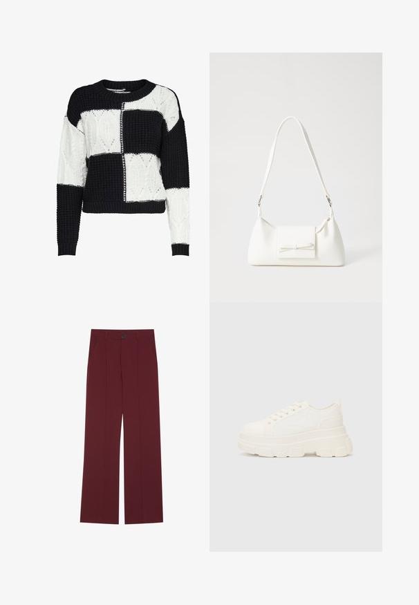 Gestrickter Pullover mit einem Schwarz-Weiß-Patchworkdesign, das strukturierte Muster zeigt und einen Rundhalsausschnitt hat, sowie gerippte Bündchen und Saum.; Bordeauxfarbene Hose mit weitem Bein, ausgestattet mit einem Knopfverschluss, zwei seitlichen Taschen und Falten auf der Vorderseite. Glatte Stoffoberfläche.; Weiße Leinensneaker mit einer massiven Sohle, abgerundeter Spitze und fünf Ösen für Schnürsenkel. Hinterer Tab für ein einfaches Anziehen. Glatte Textur, minimalistisches Design.; Weiße synthetische Handtasche in dreieckiger Form, flache Vorderklappe und Schleifendetail, verstellbarer Trageriemen, glatte Textur und minimalistisches Design.