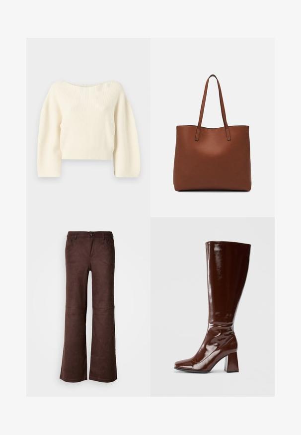 Kremno obarvan rebrast pleten pulover skrajšane dolžine z širokim izrezom in dolgimi rokavi. Gladka tekstura z prilegajočim robom.; Rjave širše hlače iz mehkega, suedenemu podobnega materiala. Imajo štiri žepe, zapiranje s gumbom in gladko, teksturirano površino.; Bordeaux visoke škornje iz paten usnja z kvadratnim nosom, sijajno zaključno obdelavo in masivnim peto za stabilnost. Brezšiven dizajn brez vidnega okovja.; Rjava usnjena torba z gladko teksturo, odprto zasnovo zgoraj in dvema naramnima trakovoma. Opremljena je z minimalnim šivanjem in brez vidnih kovinskih delov.