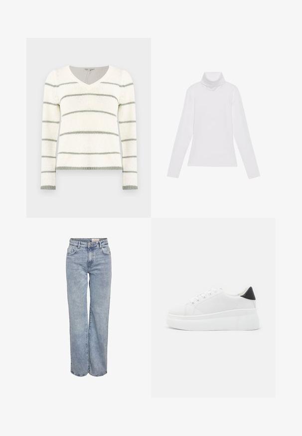 Maglione lavorato a maglia con scollatura a V, caratterizzato da righe orizzontali bianche e verde chiaro. Maniche lunghe, dettagli a costine sui polsini e sull'orlo.; Maglia a maniche lunghe bianca a collo alto realizzata in tessuto morbido ed elastico. Presenta un colletto alto e un design aderente, senza motivi o decorazioni visibili.; Jeans a gamba larga di colore azzurro chiaro realizzati in denim, con vita alta, design a cinque tasche e leggera scoloritura per un aspetto vissuto.; Sneakers platform bianchi realizzati in materiale sintetico liscio, con punta arrotondata, design con lacci e suola in gomma texture. Accento nero nel tallone.