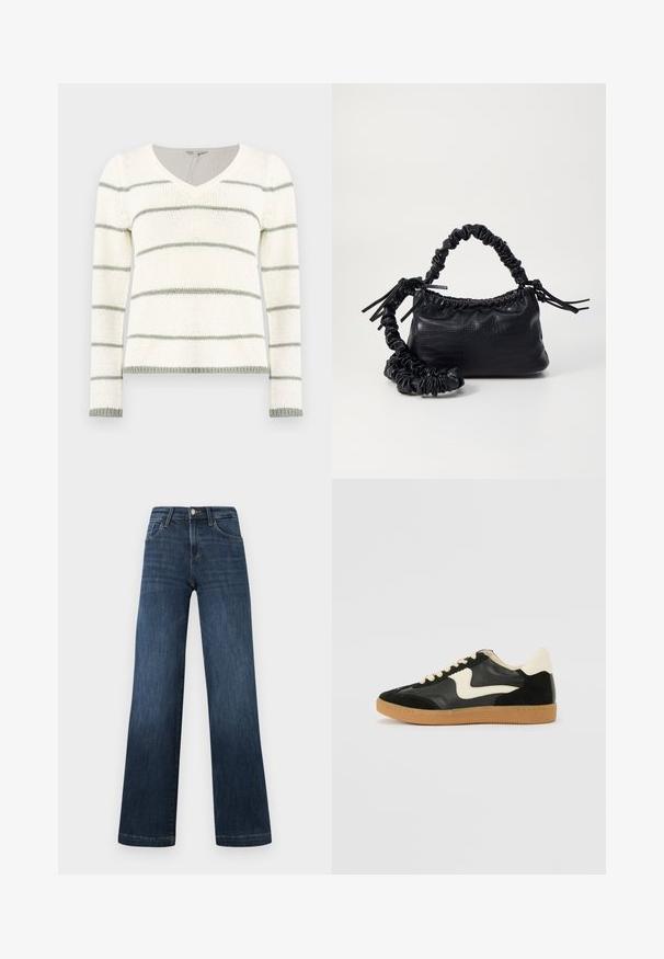 Nertinis megztinis su V formos iškirpte, su baltais ir šviesiai žaliais horizontaliais dryžiais. Ilgos rankovės, guma megztos rankogaliai ir apatinė dalis.; Tamsiai mėlyni džinsai su plačiu kojų dizainu, turintys penkias kišenes ir priekiniu mygtukų užsegimu. Lygus audinys ir klasikiniai siuvimo detalės.; Juodos zomšo ir odos sportinės bateliai su kreminiu šoniniu swoosh ir šviesiai kreminiu kulnu. Ypatybės - smėlio spalvos raišteliai ir guminis padas.; Juodas dirbtinės odos rankinė su krokodilo tekstūra, sušnibždinta viršuje ir susikraipytu dirželiu. Atrodo minkšta ir kompaktiška.