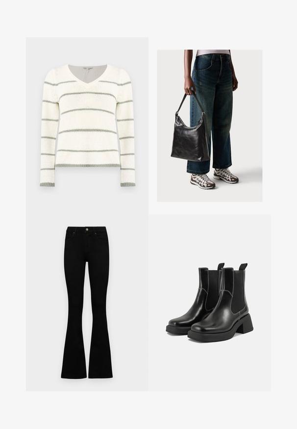 Neulepusero V-pääntiellä, jossa on valkoisia ja vaaleanvihreitä vaakaraitoja. Pitkät hihat, resorikuvioiset hihansuut ja helman yksityiskohdat.; Mustat korkeavyötäröiset farkut nappi- ja vetskariyläosalla, etutaskuilla ja levenevillä lahkeilla, asetettuna tasaisesti valkoista taustaa vasten.; Mustat nahkaiset Chelsea-kengät paksulla korolla, joustavilla sivupaneeleilla ja kontrastilla valkoisella ompelulla. Teksturoitu pinta.; Musta nahkainen olkalaukku, jossa on sileä pinta ja säädettävä hihna, yhdistettynä haalistuneisiin leveälahkeisiin farkkuihin ja urheilukenkien kanssa.