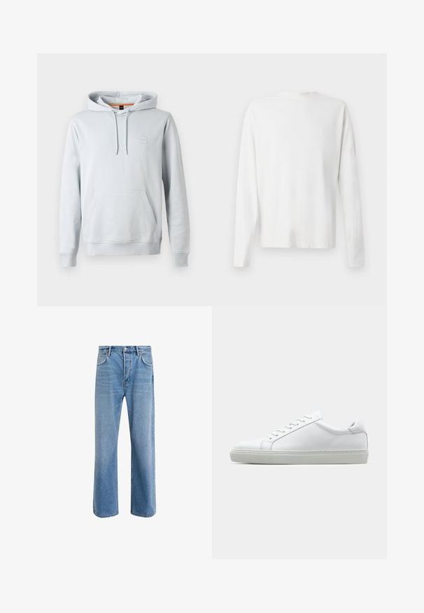 Felpa grigia chiara realizzata in tessuto morbido. Presenta una tasca frontale a marsupio, cappuccio con coulisse e una piccola toppa con logo sul petto.; Camicia bianca in cotone a maniche lunghe con scollatura rotonda, spacchi laterali in fondo e una texture liscia, mostrata da dietro.; Jeans in denim blu chiaro con design a gamba dritta, cinque tasche, chiusura con bottone, leggero sbiadimento e dettagli di cucitura a contrasto.; Sneaker bianco con tomaia in pelle liscia e profilo basso. Presenta una punta arrotondata, sei occhielli e una suola in gomma testurizzata.