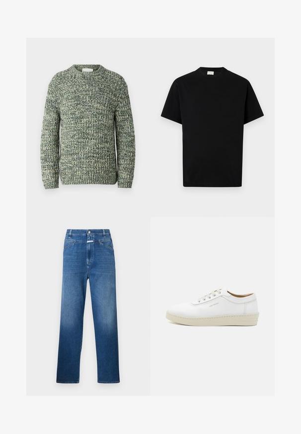 Pletena pulover s teksturiranim vzorcem v temnozeleni in svetlozeleni barvi, z okroglim ovratnikom in dolgimi rokavi.; Črna bombažna majica s krožnim ovratnikom, kratkimi rokavi in ravnim krojem. Brez vidnih vzorcev ali kovinskih detajlov.; Modri jeans s ravnim krojem, ki vključujejo gumbasto zapiranje, zanke za pas in subtilno zbledelost na stegnih.; Bele usnjene teniske s teksturirano površino, okrogel nos, bež gumijast podplat in šest sivih luknjic za vezalke, s subtilnim logotipom na strani.