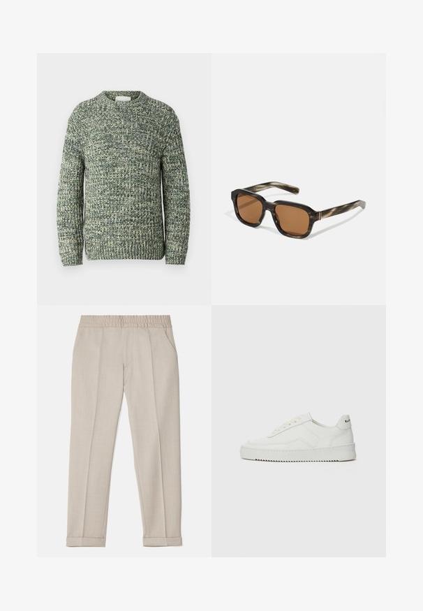 Pull en tricot avec un design texturé dans des teintes vert foncé et vert clair, avec un col rond et des manches longues.; Filippa K TERRY CROPPED TROUSERS - Pantalon classique - sage melange; Baskets en cuir blanc avec une finition lisse, bout arrondi, lacets plats et semelle texturée. Présente un logo discret sur le talon.; Lunettes de soleil en plastique avec un motif écaille, verres bruns octogonaux et accents fins en métal doré sur la monture.