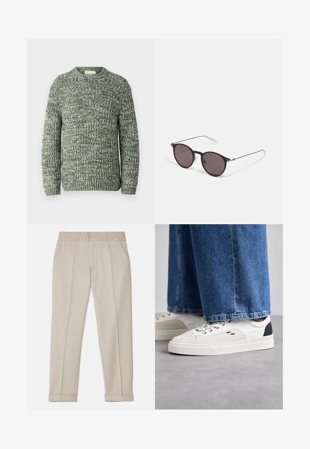 Pull en tricot avec un design texturé dans des teintes vert foncé et vert clair, avec un col rond et des manches longues.; Filippa K TERRY CROPPED TROUSERS - Pantalon classique - sage melange; Baskets blanches et noires avec une tige en cuir lisse, des accents texturés et une semelle épaisse blanche. Présentent un design classique à lacets.; Lunettes de soleil noires rondes avec verres sombres et branches en métal fines. Comprend des embouts transparents et des accents argentés au niveau de la charnière. Design minimaliste.
