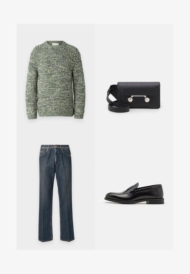 Megztinis su tekstūruotais raštais tamsiai žalia ir šviesiai žalia spalvomis, apvaliu iškirpimu ir ilgomis rankovėmis.; Tamsiai mėlynos tiesios kojos džinsai su priekiniais mygtukais, užtrauktuku, dviem priekinėmis kišenėmis ir matomomis vertikaliomis raukšlėmis nuo kelnių šonų.; Juodos odinės loafers, turinčios lygų paviršių, apvalią noselę ir dekoratyvinę juostą per priekinę dalį. Žemas krentantis kulnas, minimalistinis dizainas.; Juodas odinis kryžminis krepšys su sklendės uždarymu, sidabro spalvos detalėmis ir dviem apvaliais akcentais. Yra nusiimamas diržas. Lygus paviršius.