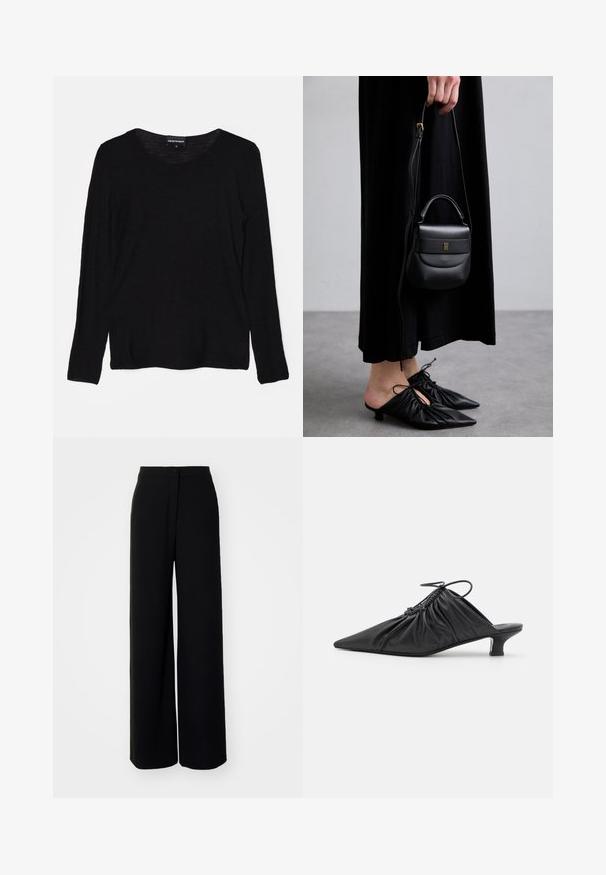 Svart långärmad topp i ett strukturerat tyg med rundad halsringning. Designen har en avslappnad passform och rak fåll.; Svarta byxor med vida ben och hög midja, i mjukt tyg, med framknäppning och utan synliga fickor, som har en skräddarsydd passform.; Svarta läder slip-on mules med spetsig tå, sammanknipen textur och en liten kitten heel. Har en dragsnörningsdetalj vid öppningen.; Liten svart läderhandväska med rundad form, handtag ovanpå och avtagbar rem. Bärs med svart tygklänning och svarta plisserade skor.