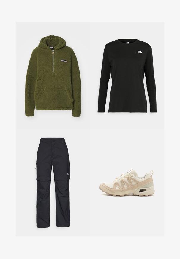 Ellesse ZEPPY - Hættetrøje - khaki; Sort langærmet t-shirt lavet af bomuld med rund hals. Har et lille hvidt logo på venstre brystområde. Enkel design og pasform.; Sorte nylon cargo bukser med lynlås, justerbare manchetter, flere lommer og et logo på højre ben. Glat, let tekstur.; Beige og creme atletiksko med struktureret mesh-overdel, støttende overlays og gummiyderside med et mønster for trækkraft.