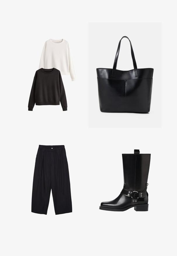 Set di due felpe: una bianca e una nera. Entrambe hanno maniche lunghe, colli rotondi e una consistenza morbida simile al cotone.; Pantaloni culotte neri in poliestere con una cintura elastica, due pieghe frontali e una silhouette ampia. Nessun motivo visibile o dettagli in metallo.; Stivale in pelle nera alto fino al ginocchio con punta affusolata, dettagli in argento e tacco largo. Presenta un inserto per facilitare l'indossamento.; Borsa a tracolla in pelle nera con due manici lunghi, una texture liscia e una forma strutturata. Presenta una tasca frontale per ulteriore spazio di archiviazione.