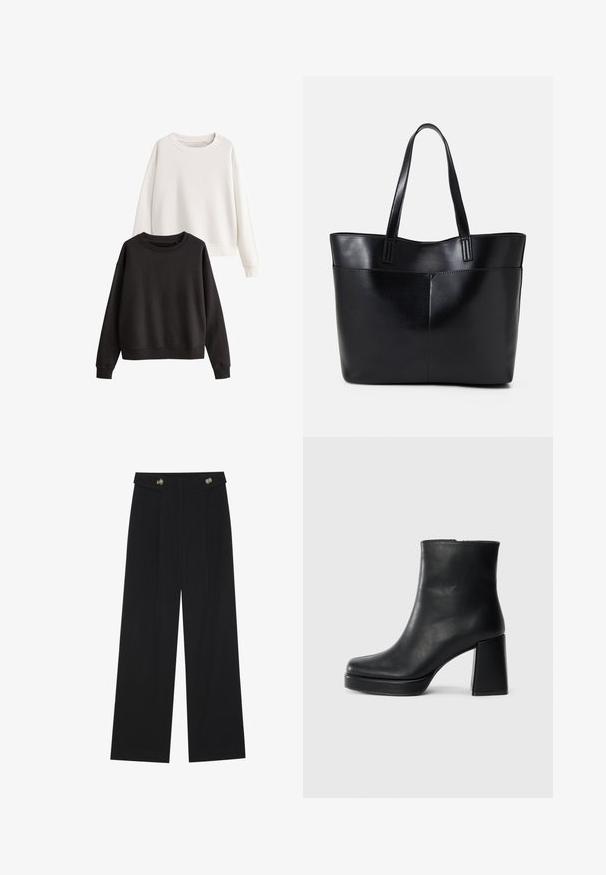 Set van twee sweaters: een witte en een zwarte. Beide hebben lange mouwen, ronde halslijnen en een zachte, katoenen textuur.; Zwarte wijde broek met hoge taille, knoopdetails op de tailleband en plooien aan de voorkant.; Zwarte leren enkelboot met een blokhak en platformzool, zijaanzicht op een effen witte achtergrond.; Zwarte leren tote bag met twee lange handvatten, een zachte textuur en een gestructureerde vorm. Voorzien van een voorvak voor extra opslagruimte.