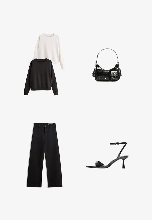Set de două hanorace: unul alb, unul negru. Ambele au mâneci lungi, guri rotunde și o textură moale, similară cu bumbacul.; Pantaloni din denim negri cu picioare largi, cu talie înaltă, având buzunare frontale și posterioare, cusături dublate și închidere cu nasture. Textură netedă.; Bershka Sandale cu toc - black; Geantă de mână din piele lăcuită neagră, cu o formă curbată, un umăr, buzunare frontale și accente din metal argintiu.