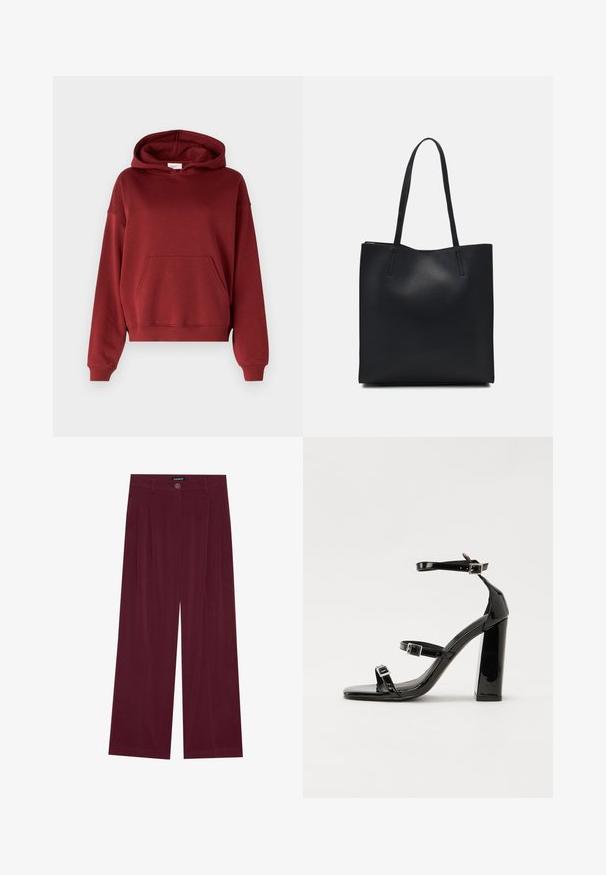Gina Tricot BASIC ORIGINAL HOODIE - Felpa - dark red; Pantaloni larghi bordeaux con una texture liscia, dotati di chiusura frontale con bottone e due pince su ciascun lato.; Sandali con tacco in vernice nera, con punta squadrata, cinturini alla caviglia e fibbie in argento. Presentano un tacco a blocco spesso per maggiore stabilità.; Borsa tote in pelle nera con texture liscia, forma rettangolare e due manici lunghi. Nessun hardware o decorazione visibile.