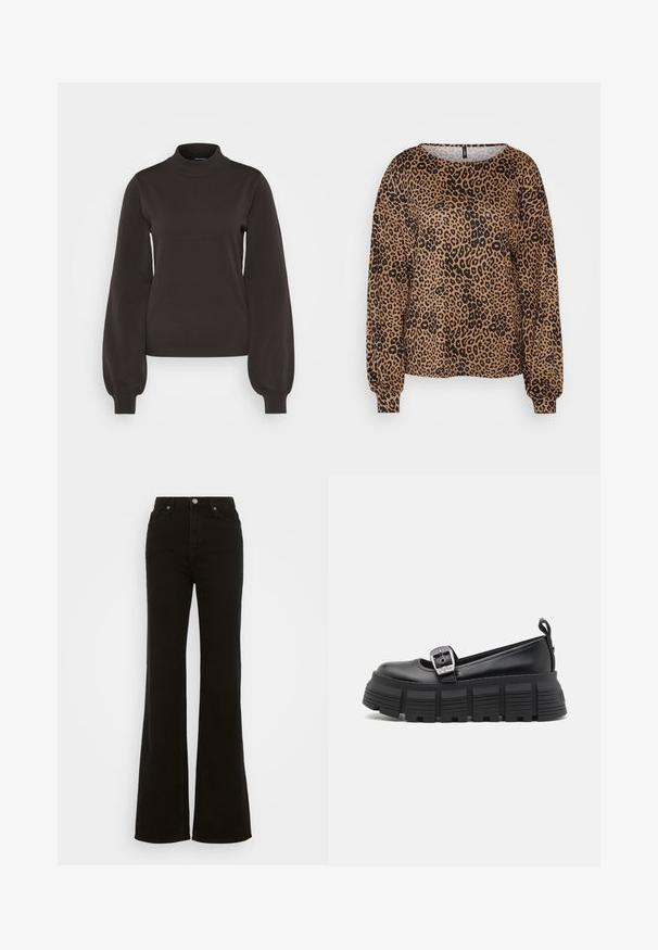 Vero Moda Tall VMMERCURY HIGHNECK - Trui - chocolate torte; Bruine lange mouwen trui met een zwart luipaardprint, brede halslijn en elastische manchetten. Zacht, gestructureerd stof met een comfortabele pasvorm.; Hoge taille zwarte flared jeans van denim, met een knoopsluiting, zijzakken en een gladde textuur.; Zwarte platformloafers met een ronde neus, een bovenkant van glad leer, een verstelbare gesp en een gestructureerde rubberen zool met horizontale ribbels.