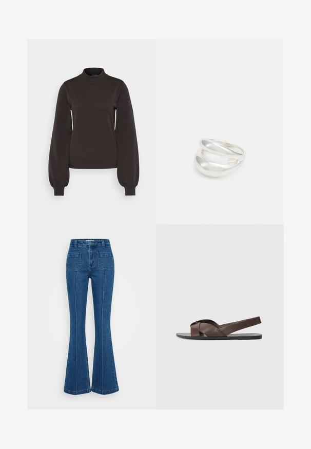 Vero Moda Tall VMMERCURY HIGHNECK - Strickpullover - chocolate torte; Blaue Schlagjeans aus Denim, mit hoher Taille, zwei Gesäßtaschen und ausgeprägten Nähten an den Seiten.; Braune Ledersandale mit einem Kreuzriemen-Design, flacher schwarzer Sohle und verstellbarem Rückriemen. Glatte Textur und minimale Hardware-Details.; Silberner Doppelring mit einer glatten, polierten Oberfläche. Verfügt über ein fließendes, kurviges Design mit überlappenden Abschnitten für einen modernen Look.