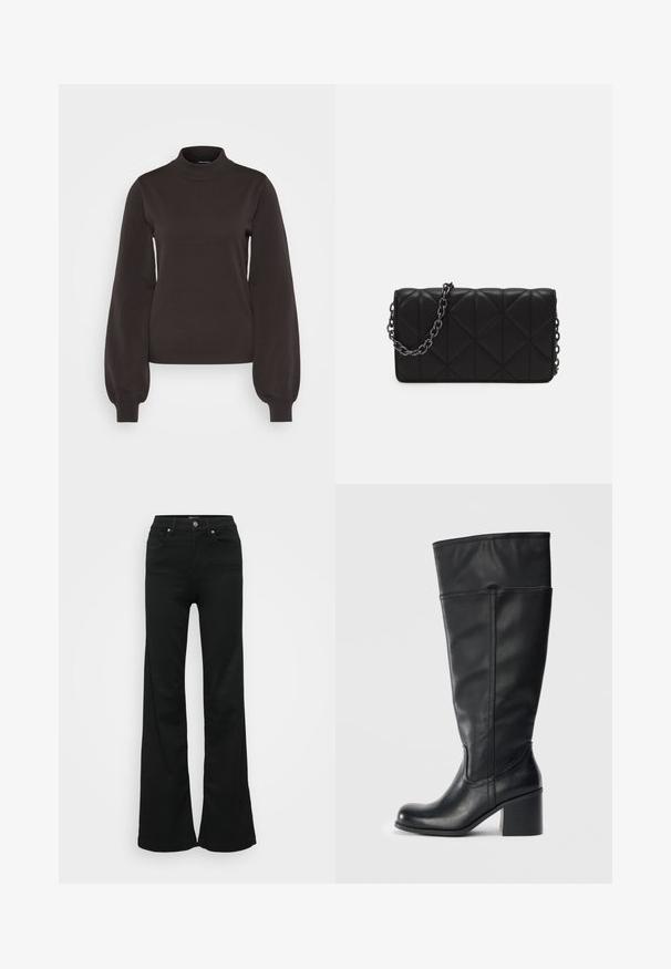 Vero Moda Tall VMMERCURY HIGHNECK - Džemperis - chocolate torte; Melnas flared džinsas, izgatavoti no denima, ar augstu jostasvietu, piecām kabatām un metāla pogu aizdari. Gluda tekstūra ar minimālu apdari.; Melnas ādas zābaki līdz ceļiem ar bloku papēdi, gludu virsmu un šuvju detaļām gar sāniem. Vienkāršs un mūsdienīgs dizains.; Kvalitatīva melna rokassomu ar izšūtu virsmu, kas izgatavota no gludas ādas, ar ķēdes siksnu un ģeometriskiem dimanta rakstiem virsmā.