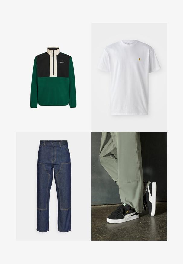 Pull en polaire vert et noir avec un col haut, un zip à mi-hauteur à l'avant et un logo. Présente des couleurs unies et une texture douce sur l'ensemble.; T-shirt en coton blanc à manches courtes, col rond, avec un petit logo doré sur la poitrine gauche. Texture douce et coupe régulière.; Jeans en denim bleu foncé avec une taille haute, une coupe droite, des coutures contrastantes et des poches appliquées à l'avant.; Baskets en daim noir avec des semelles en caoutchouc blanc et des rayures sur les côtés, associées à un pantalon cargo vert clair, posées sur une surface sombre texturée.