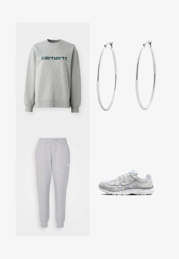 Grijze sweater gemaakt van een katoenmix, met een ronde hals en geribbelde manchetten. Logo in donkergroen over de borst weergegeven.; Lichtgrijze sweatpants met een trekkoord bij de taille, taps toelopende benen en een klein wit logo op de linkerdij. Gemaakt van een zachte, gestructureerde stof.; Lichtgrijze sportschoenen met een bovenwerk van mesh en synthetisch materiaal, voorzien van een vetersluiting, een gevoerd kraagje en een gestructureerde zool voor grip.; Zilveren oorringen met een gladde, gepolijste oppervlakte en een dunne, ronde vorm. Het ontwerp heeft een veilige sluiting.