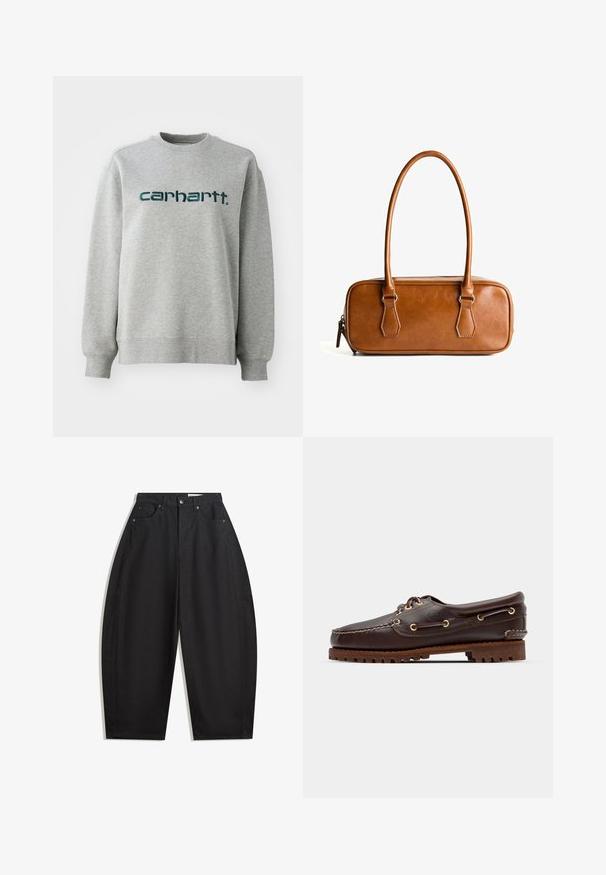 Siva dukserica od pamučne mješavine, s okruglim izrezom i rebrastim manžetama. Ispred se nalazi prikazani logo u tamnozelenoj boji preko prsnog dijela.; Crne široke hlače od pamuka, s visokim strukom, pet džepova i kopčanjem na metalnu dugmad. Glatka tekstura i bez vidljivih uzoraka.; Smeđe kožne čamce cipele s zlatnim okomitim rupicama, okruglim vezicama i teksturiranom smeđom gumiranom potplatom. Ima stišnjene detalje i uzdignuti logo.; Smeđa kožna torba s dva dugačka ručka, pravokutnog oblika, glatke teksture, zatvaranje na patentni zatvarač i akcenti od srebrnog tona.