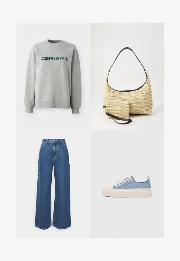 Szürke, pamut keverékből készült pulóver, kerek nyakkivágással és bordázott mandzsettákkal. Sötétzöld logó látható a mellkason.; Széles szárú, kék farmernadrág magas derékkal, kontrasztos varrással és oldalsó zsebekkel, klasszikus öt zsebes kialakítással és nyers szegéllyel.; Világoskék vászon sportcipők, krémszínű gumitippel és talppal, fehér fűzőkkel és egy húzófüllel a sarkán.; Fonott szalmakézi táska ívelt sziluettel, sima fekete bőrszíjjal és egy hozzá illő, csuklószíjjal rögzített kis tasakkal.