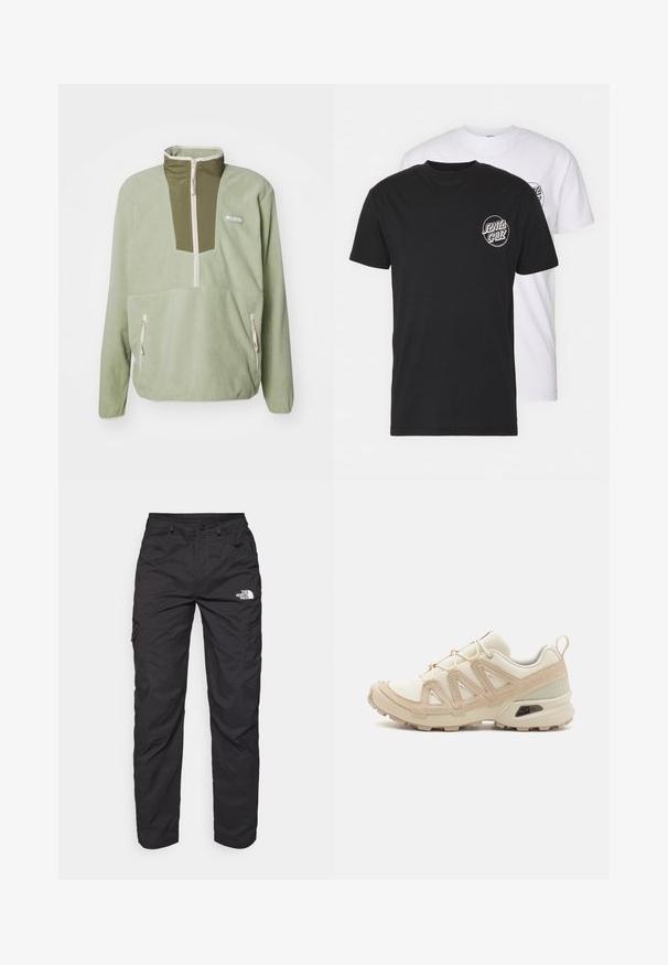Fleece genser i lys grønn med glidelås ved halsen og olivengrønn brystpanel. Har to glidelåslommer på siden og hvite sømmer.; Pakke med to t-skjorter: en svart og en hvit. Begge har korte ermer og en sirkulær logo på brystet i kontrastfarge. Laget av bomull.; Sorte cargo bukser laget av lett stoff. Har glidelåslommer på siden og et logo på venstre lår. Rett ben-design.; Beige og krem joggesko med teksturert mesh-overdel, støttende overlegg og gummisåle med et mønster for godt grep.