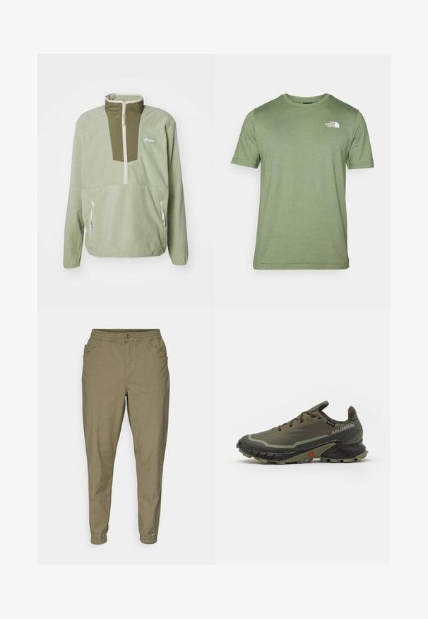 Fleece pullover in light green with a zip neckline and olive green chest panel. Features two zippered side pockets and white stitching accents.; Olive green short-sleeve t-shirt made of soft fabric. Features a crew neckline and a white logo on the left chest. Smooth texture throughout.; Light olive green pants with an elastic waistband, button closure, side pockets, and tapered legs with elastic cuffs. Soft, smooth fabric.; Olive green running shoes with a textured fabric upper, black rubber sole, rounded toe, and adjustable lace-up design. Features red accent.