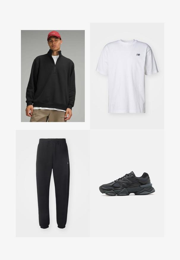 lululemon STEADY STATE HALF-ZIP - Felpa in pile - black; T-shirt bianco a maniche corte con scollo rotondo e piccolo logo nero New Balance sul lato sinistro del petto, su uno sfondo neutro.; Pantaloni della tuta neri realizzati in materiale morbido con vita elastica, coulisse e polsini aderenti, caratterizzati da un logo sottile sul lato.; Scarpa da corsa nera con una combinazione di materiali in rete e sintetici, suola spessa, design curvo e marchio ben visibile sul lato.