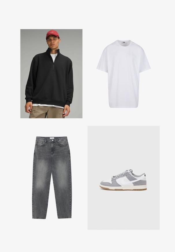 lululemon STEADY STATE HALF-ZIP - Fleece jumper - black; White cotton t-shirt with short sleeves, rounded neckline, relaxed fit, and no visible logos or patterns. Smooth texture and minimal design.; High-waisted, loose-fitting jeans in faded black denim. Features five pockets, belt loops, and a clean, straight leg design.; Gray and white sneaker with a suede and leather upper, rounded toe, flat laces, and a rubber sole featuring a gum accent.