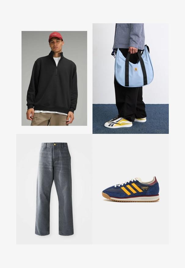 lululemon STEADY STATE HALF-ZIP - Suéter de forro polar - black; Jeans de mezclilla gris de pierna ancha y corte holgado para hombres, con bolsillos frontales y un solo botón dorado visible en la cinturilla.; Zapatilla de ante azul marino con rayas amarillas, cordones blancos y acentos burdeos. Suela texturizada con surcos para tracción. Logo de la marca en el lateral.; Bolso hobo de color azul claro con asas negras, que presenta un pequeño parche de logo amarillo y blanco. Textura suave, forma redondeada y diseño espacioso.