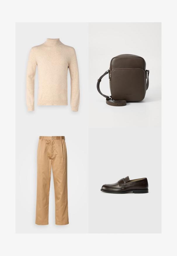 pure cashmere MEN TURTLE NECK SWEATER - Camisola - oatmeal; Calças caqui, mistura de algodão, design de pernas retas, pregas frontais, passantes para cinto e fecho com botão. Textura suave sem padrões.; Calvin Klein Sapatos sem atacadores - cocoa brown; Bolsa de cruzar marrom em couro com uma superfície texturizada, forma retangular, bolso frontal com zíper e alça ajustável. Logótipo exibido na parte da frente.